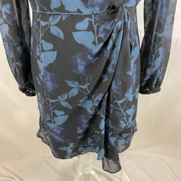 Hutch Dress 6 Blue Black Leaf Print Long Semi-Sheer Sleeve Drape Detail - Picture 5 of 13